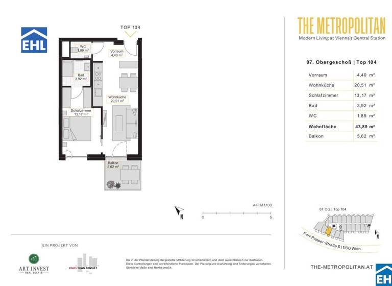 Wohnung zur Miete 736 € 2 Zimmer 43,9 m² 7. Geschoss frei ab sofort Wien 1100