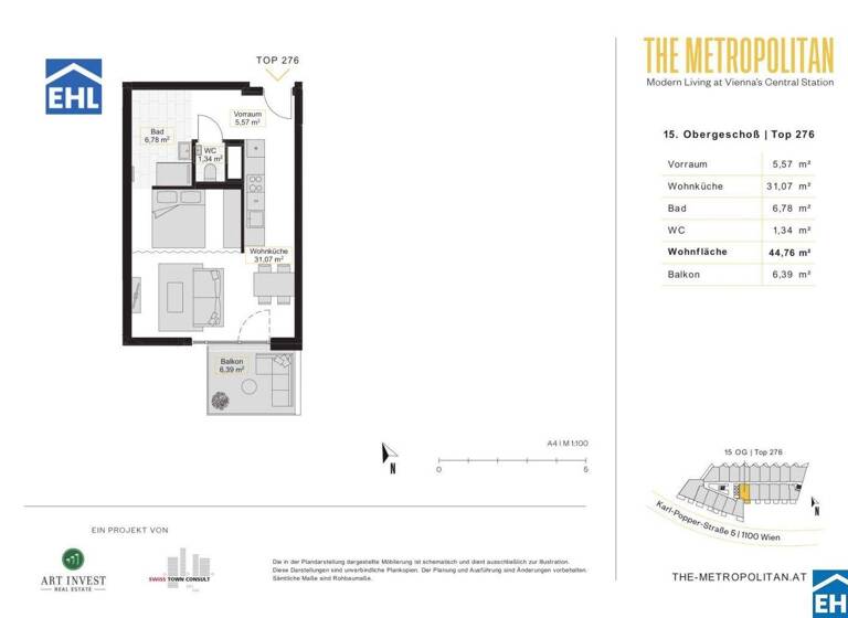 Studio zur Miete 687 € 1 Zimmer 44,8 m² 15. Geschoss frei ab sofort Wien 1100