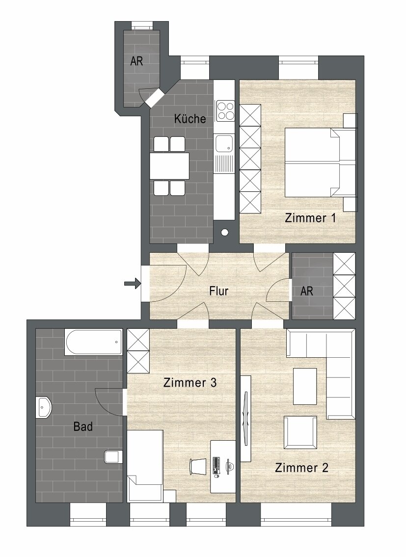 Wohnung zur Miete 1.007 € 3 Zimmer 71,5 m²<br/>Wohnfläche 3.<br/>Geschoss Bunsenstraße 5 Trachau-Süd (Bunsenstr.) Dresden 01139