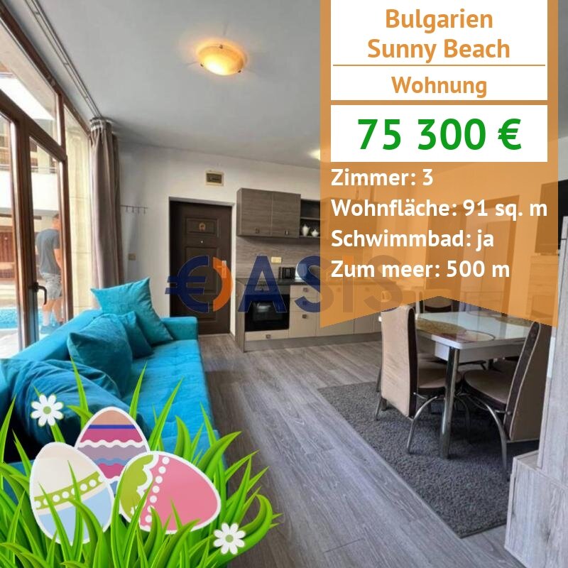 Apartment zum Kauf provisionsfrei 75.300 € 3 Zimmer 91 m²<br/>Wohnfläche 1.<br/>Geschoss Pat bez ime 37 Sunny Beach 8240