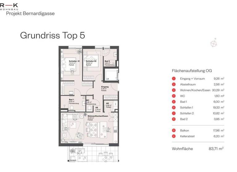 Wohnung zum Kauf - Erstbezug 1.120.000 € 3 Zimmer 83,7 m² 1. Geschoss Bernardigasse 21 Morzg Salzburg 5020