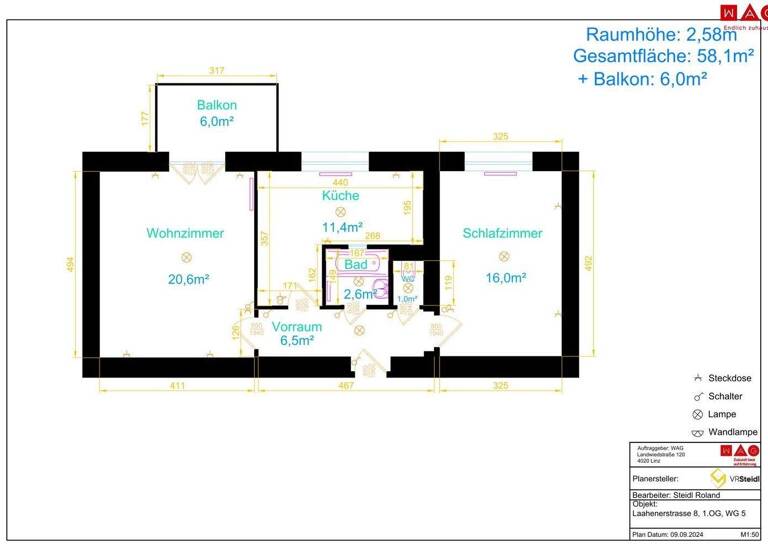 Wohnung zur Miete 510 € 2 Zimmer 58,6 m² 1. Geschoss frei ab 01.06.2026 Laahener Straße 8 Wels 4600