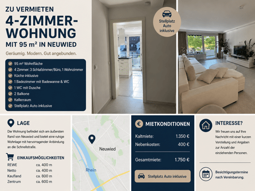 Wohnung zur Miete 1.330 € 4 Zimmer 95 m² Geschoss -1/6 frei ab 01.09.2026 Neuwied 56564