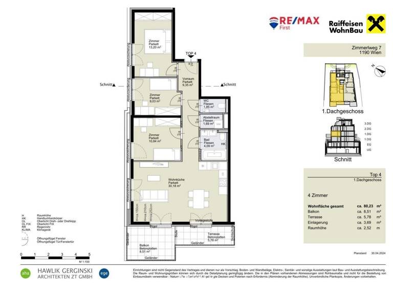 Terrassenwohnung zum Kauf - Erstbezug provisionsfrei 808.200 € 4 Zimmer 80,2 m² 2. Geschoss Zimmerlweg Wien 1190