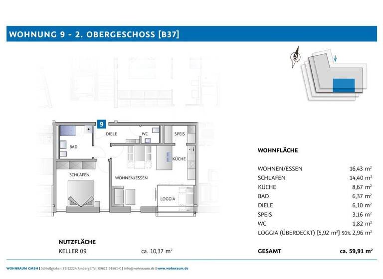 Studio zum Kauf - Erstbezug provisionsfrei 319.528 € 1 Zimmer 59,9 m² 2. Geschoss Bäumlstraße 37 Amberg 92224