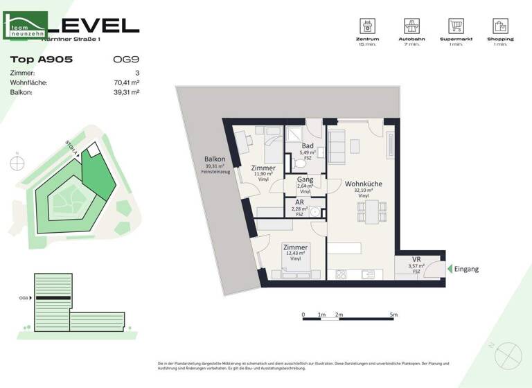 Wohnung zur Miete - Erstbezug 959 € 3 Zimmer 70,4 m² 9. Geschoss frei ab 01.05.2026 Kärntner Straße 1 Gries Graz 8020