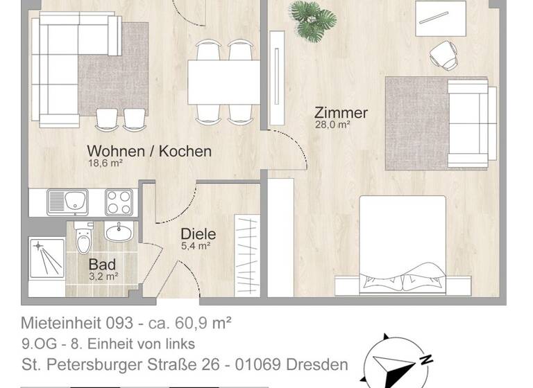 Wohnung zur Miete 530 € 2 Zimmer 60,9 m² 9. Geschoss St. Petersburger Str. 26 Seevorstadt-Ost/Großer Garten Dresden 01069