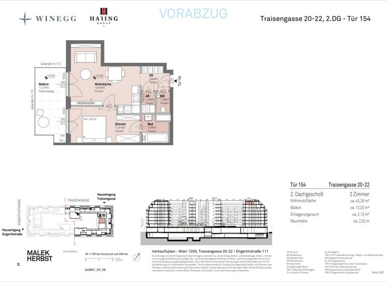 Wohnung zum Kauf - Erstbezug 359.300 € 2 Zimmer 43,3 m² 8. Geschoss Traisengasse 20-22 Wien 1200