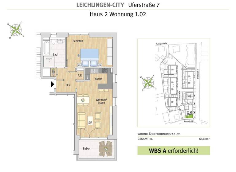 Wohnung zur Miete - Erstbezug nur mit Wohnberechtigungsschein 500 € 2 Zimmer 67,5 m² 1. Geschoss frei ab sofort Uferstraße 7 Leichlingen Leichlingen (Rheinland) 42799