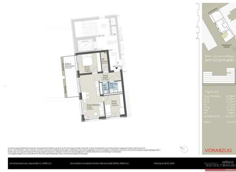 Wohnung zum Kauf - Erstbezug 522.159 € 3,5 Zimmer 65,6 m² 5. Geschoss Kaarstraße 11 und 13 Urfahr Linz 4040