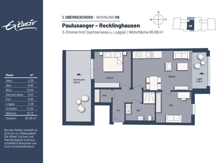Wohnung zum Kauf provisionsfrei 369.000 € 3 Zimmer 80,4 m²<br/>Wohnfläche Paulusanger 3 Stadtmitte Recklinghausen 45657