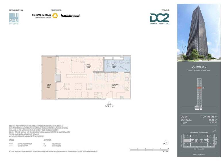 Wohnung zur Miete - Erstbezug 1.250 € 2 Zimmer 49,1 m² 35. Geschoss frei ab 01.11.2026 Wien 1220