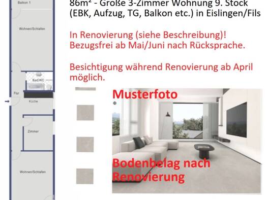 Wohnung zur Miete 950 € 3 Zimmer 86 m² Geschoss 9/9 frei ab 01.05.2026 Staufeneckstraße 50 Eislingen Eislingen/Fils 73054