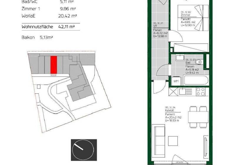 Wohnung zur Miete 468 € 2 Zimmer 42,1 m² 1. Geschoss frei ab 01.05.2026 Ungergasse 39 Gries Graz 8020