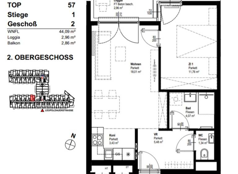 Wohnung zur Miete 720 € 2 Zimmer 44,1 m² 2. Geschoss frei ab 01.07.2026 Leopoldauer Straße 131 Wien 1210