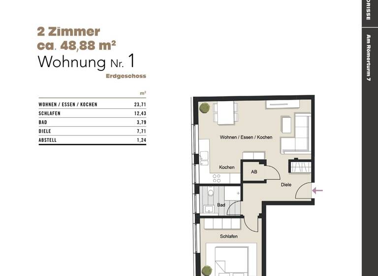 Wohnung zum Kauf provisionsfrei 339.000 € 2 Zimmer 48,9 m² EG frei ab sofort Am Römerturm 7 Altstadt-Nord Köln 50667