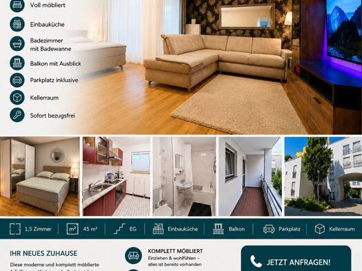 Wohnung zur Miete 1.200 € 1,5 Zimmer 45 m² frei ab sofort Südweststadt Karlsruhe 76137