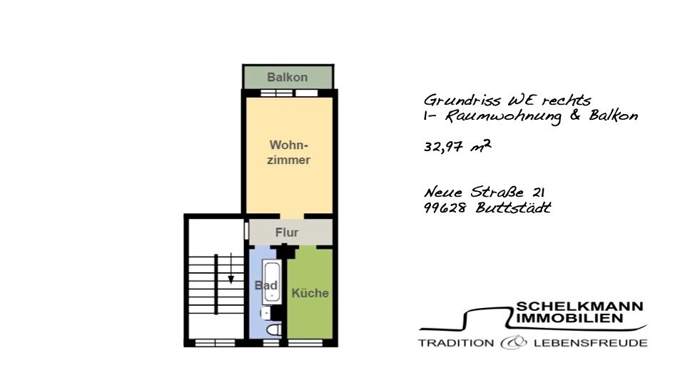 Wohnung zur Miete 221 € 1 Zimmer 33 m²<br/>Wohnfläche EG<br/>Geschoss 01.01.2025<br/>Verfügbarkeit Neue Straße 25 Buttstädt 99628