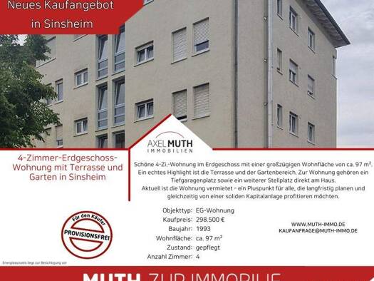 Wohnung zum Kauf 298.500 € 4 Zimmer 97 m² EG Sinsheim 74889