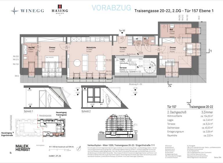 Wohnung zum Kauf - Erstbezug 1.134.300 € 3 Zimmer 104,1 m² 8. Geschoss Traisengasse 20-22 Wien 1200