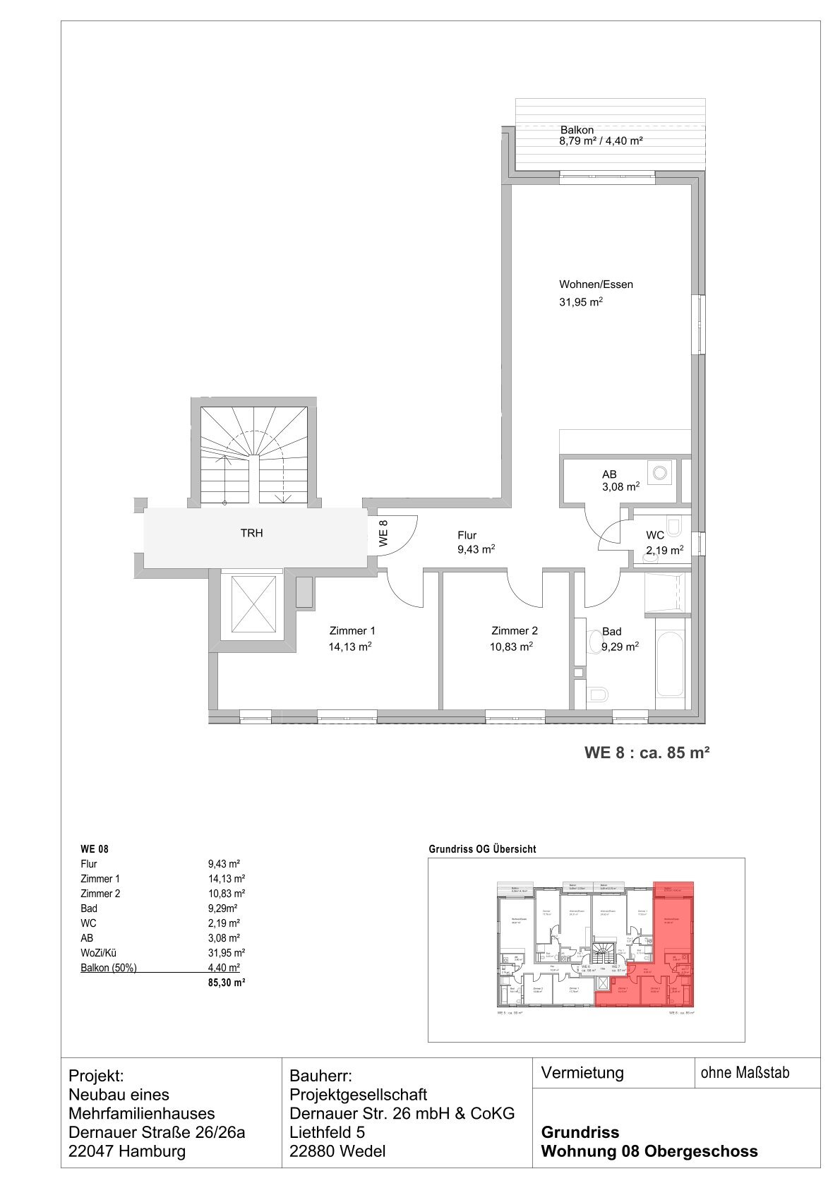 Wohnung zur Miete 1.700 € 3 Zimmer 85 m²<br/>Wohnfläche 1.<br/>Geschoss ab sofort<br/>Verfügbarkeit Dernauer Straße 26 Wandsbek Hamburg 22047