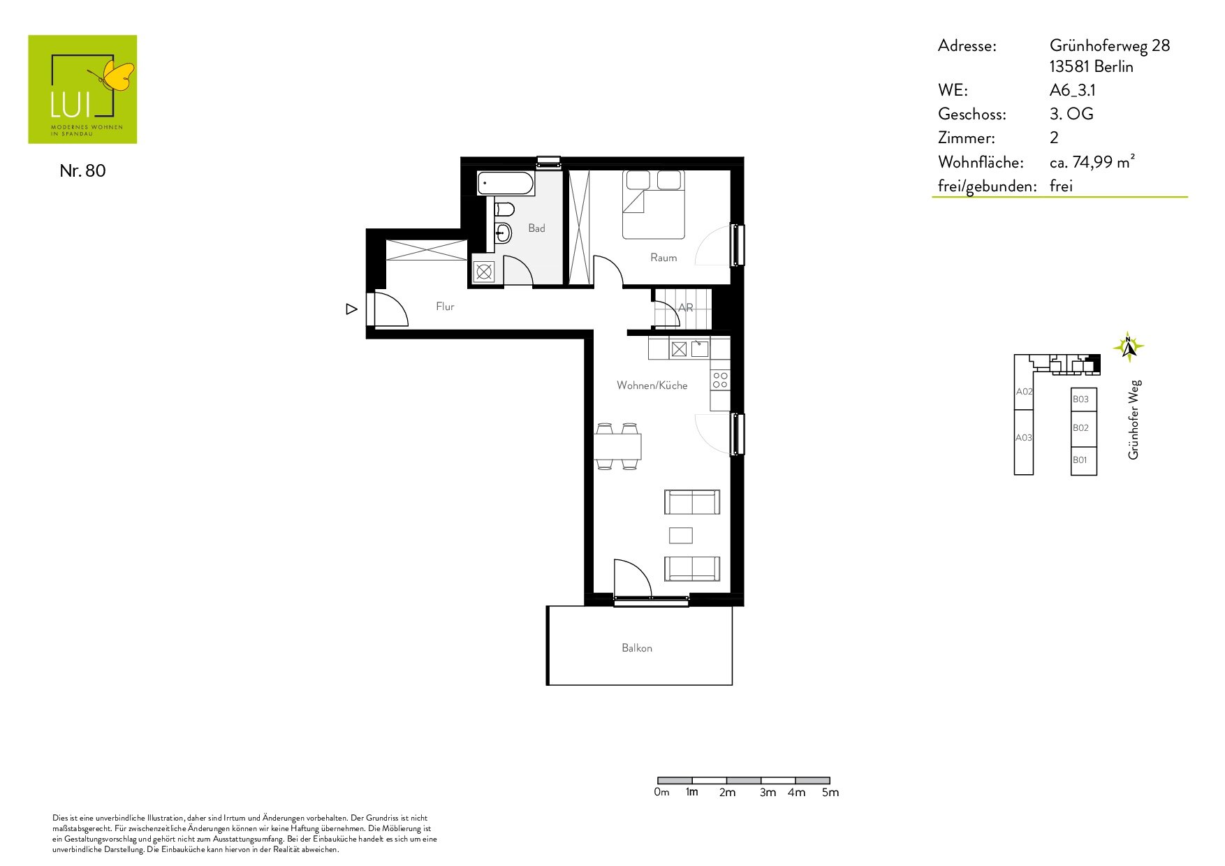 Wohnung zur Miete 1.150 € 2 Zimmer 75 m²<br/>Wohnfläche 3.<br/>Geschoss 01.01.2025<br/>Verfügbarkeit Grünhofer Weg 28 Wilhelmstadt Berlin 13581