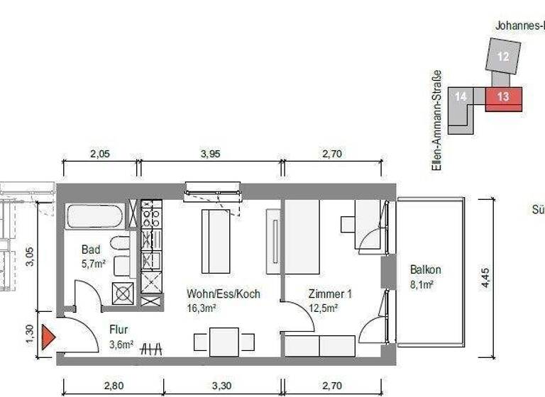 Terrassenwohnung zur Miete 714 € 2 Zimmer 42,2 m² 2. Geschoss frei ab sofort Ellen-Ammann-Straße 9 Bamberg 96052