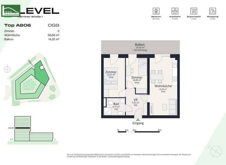 Wohnung zur Miete - Erstbezug 754 € 3 Zimmer 56,7 m² 8. Geschoss frei ab 01.05.2026 Kärntner Straße 1 Gries Graz 8020