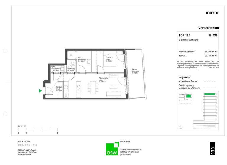 Wohnung zum Kauf provisionsfrei 285.000 € 2 Zimmer 51,5 m² 19. Geschoss UNESCO-Esplanade Eggenberg Graz 8020