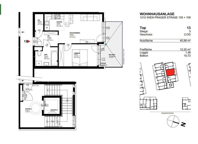 Wohnung zur Miete 669 € 2 Zimmer 46 m² 2. Geschoss frei ab 01.06.2026 Prager Straße 105 + 109 Wien 1210