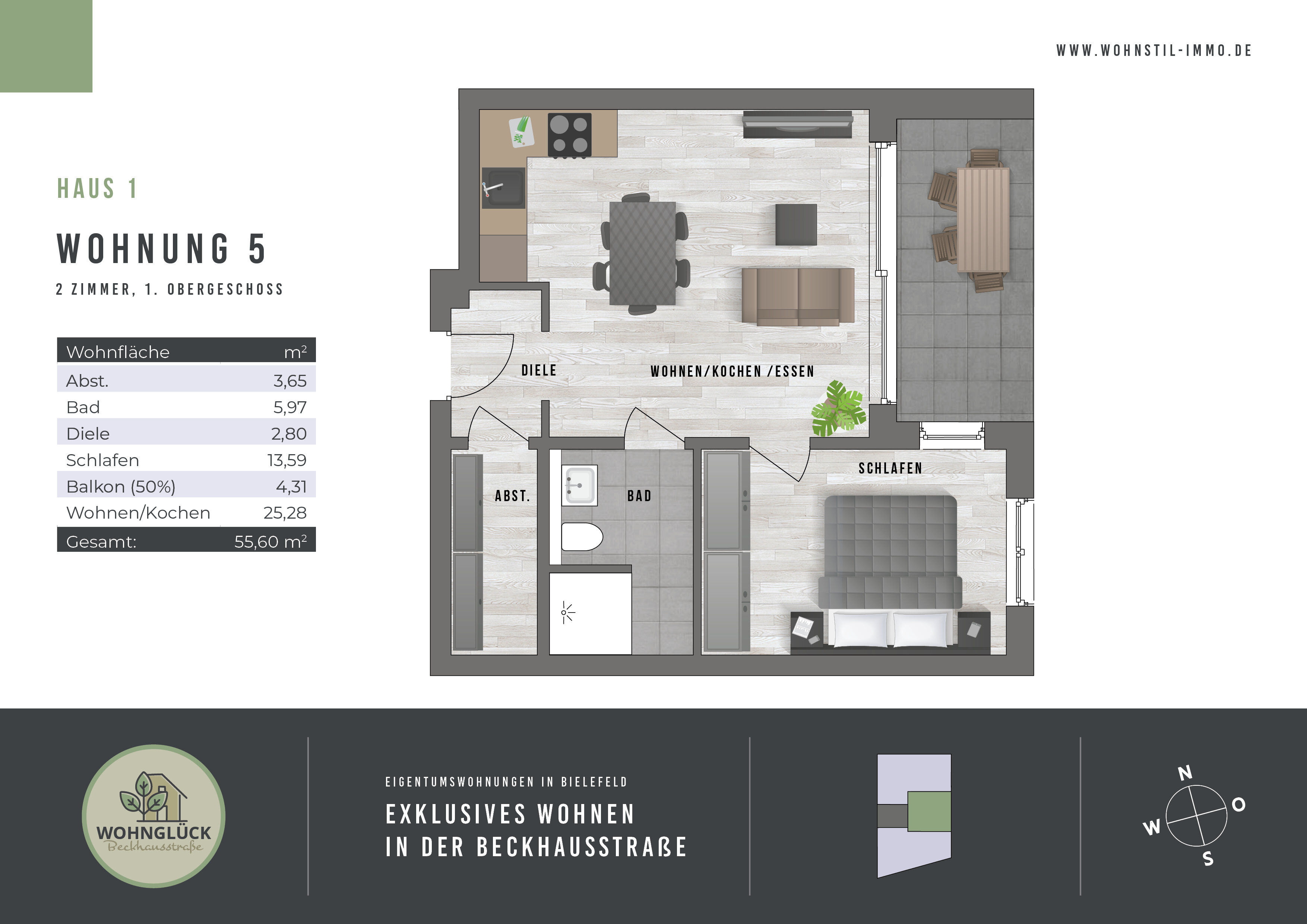 Wohnung zum Kauf 260.000 € 2 Zimmer 55,6 m²<br/>Wohnfläche 1.<br/>Geschoss Johannesstift Bielefeld 33611