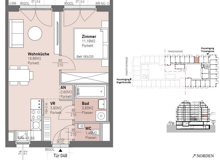 Wohnung zum Kauf - Erstbezug 282.300 € 2 Zimmer 39,8 m² 3. Geschoss frei ab 30.06.2028 Traisengasse 20-22 Wien 1200
