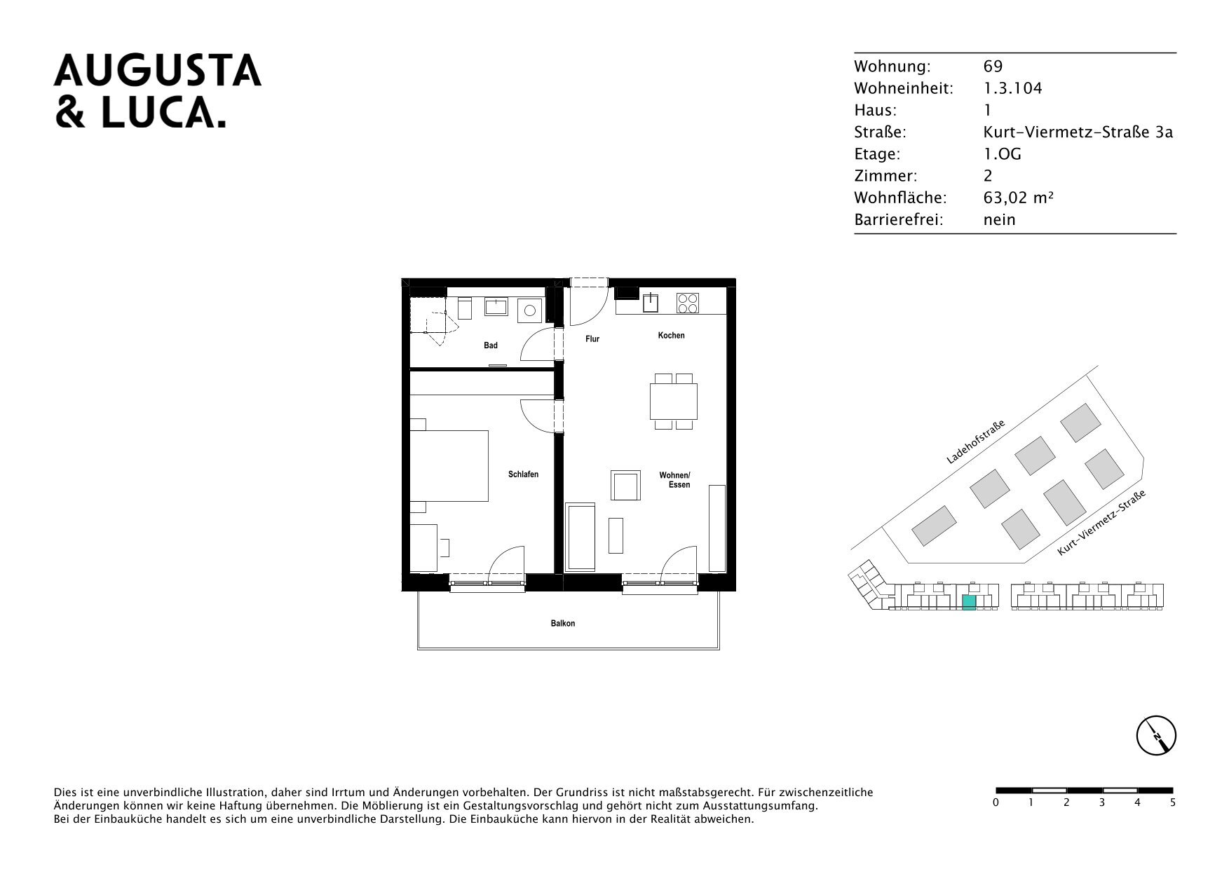 Wohnung zur Miete 1.095 € 2 Zimmer 63 m²<br/>Wohnfläche 1.<br/>Geschoss ab sofort<br/>Verfügbarkeit Kurt-Viermetz-Straße 3a Bahnhofs- und Bismarckviertel Augsburg 86150