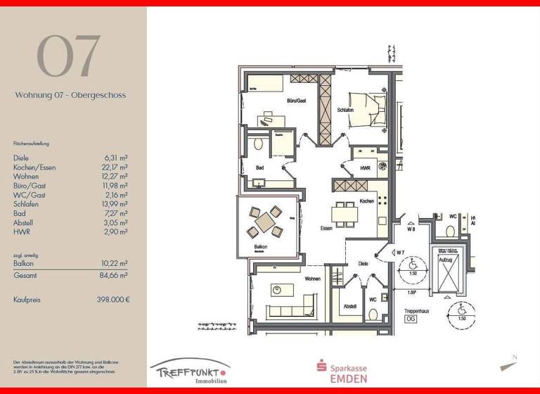 Wohnung zum Kauf provisionsfrei 398.000 € 3 Zimmer 84,7 m² 1. Geschoss Larrelt Emden 26723