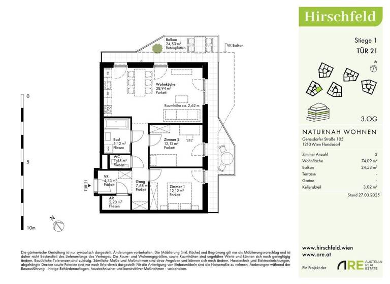 Wohnung zum Kauf - Erstbezug provisionsfrei 465.000 € 3 Zimmer 74,1 m² 3. Geschoss Wien 1210