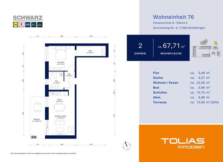 Wohnung zur Miete - Erstbezug 1.320 € 2 Zimmer 69 m² 2. Geschoss frei ab sofort Mahdentalstraße 45 Ost Sindelfingen 71065
