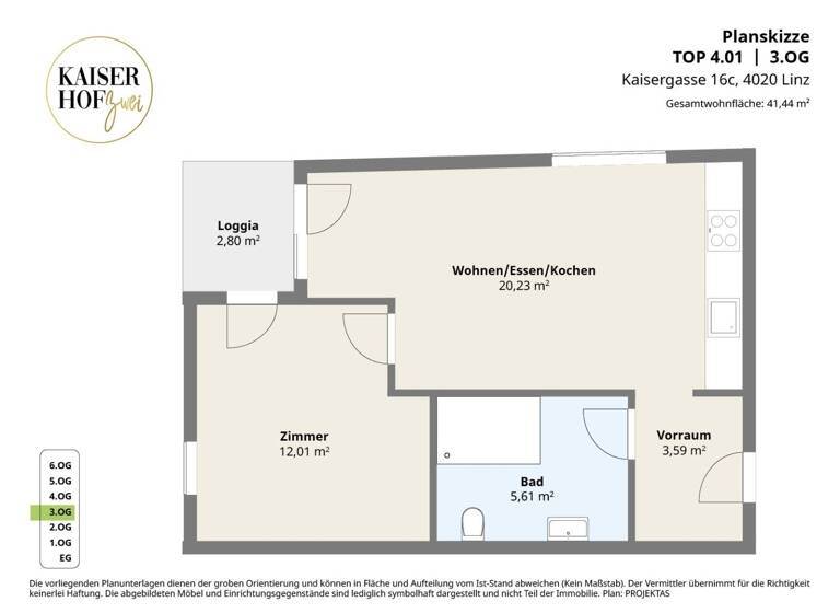Wohnung zur Miete 688 € 2 Zimmer 41,4 m² 3. Geschoss Kaisergasse 16c Linz 4020
