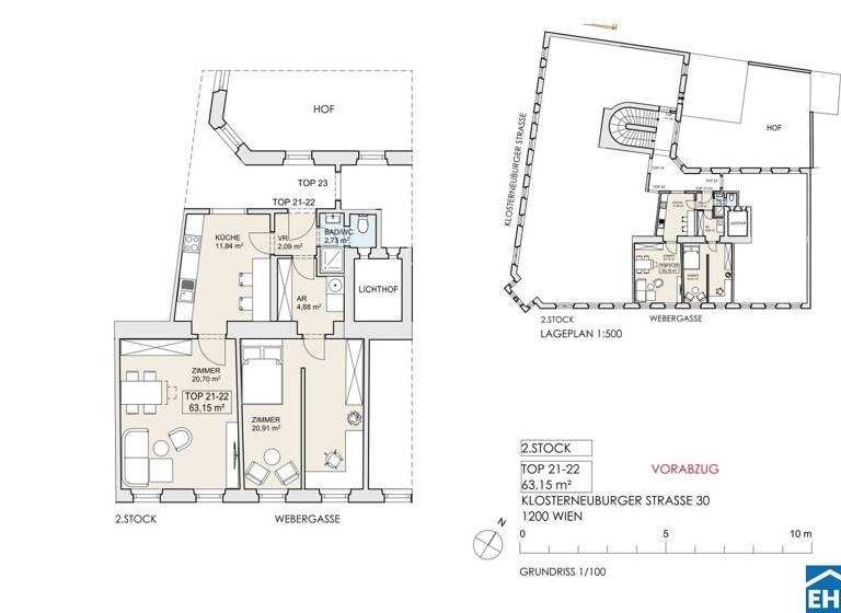 Wohnung zum Kauf 329.000 € 2 Zimmer 63,2 m² 2. Geschoss Webergasse 19 Wien 1200