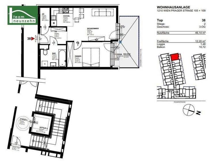 Wohnung zur Miete 754 € 2 Zimmer 46,1 m² 3. Geschoss frei ab 01.04.2026 Prager Straße 105 + 109 Wien 1210