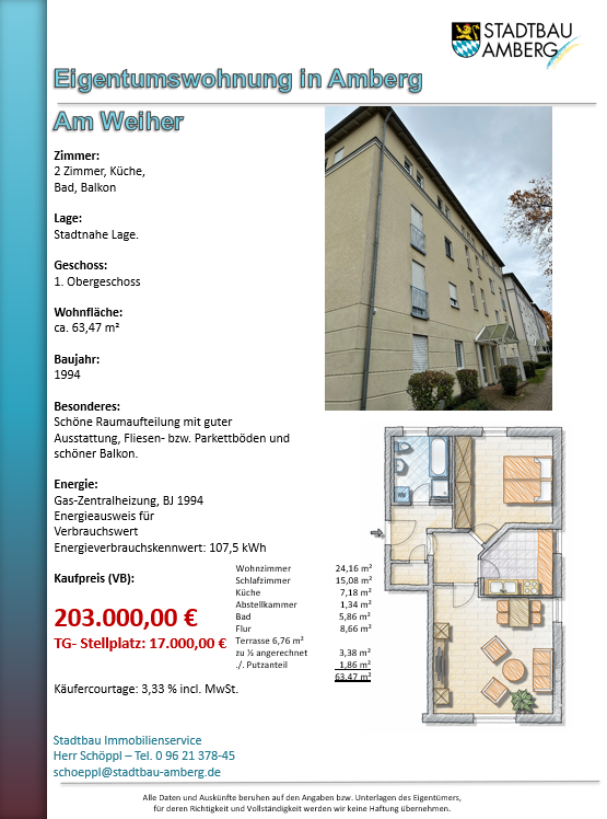 Wohnung zum Kauf 203.000 € 2 Zimmer 63,5 m²<br/>Wohnfläche 1.<br/>Geschoss ab sofort<br/>Verfügbarkeit Am Weiher Obere Hockermühle Amberg 92224