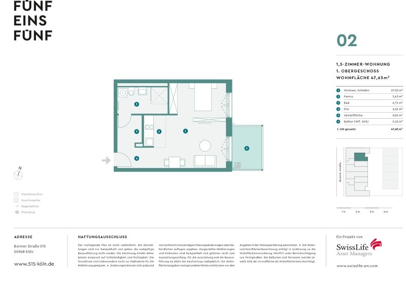 Wohnung zum Kauf provisionsfrei 399.900 € 1,5 Zimmer 47,6 m²<br/>Wohnfläche 1.<br/>Geschoss Marienburg Köln 50968