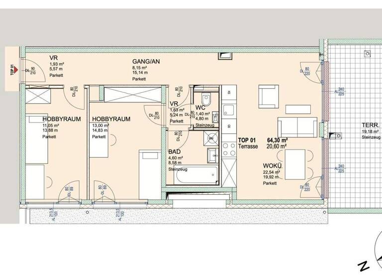 Terrassenwohnung zum Kauf - Erstbezug 312.500 € 3 Zimmer 64,3 m² EG Platzergasse Wien 1210