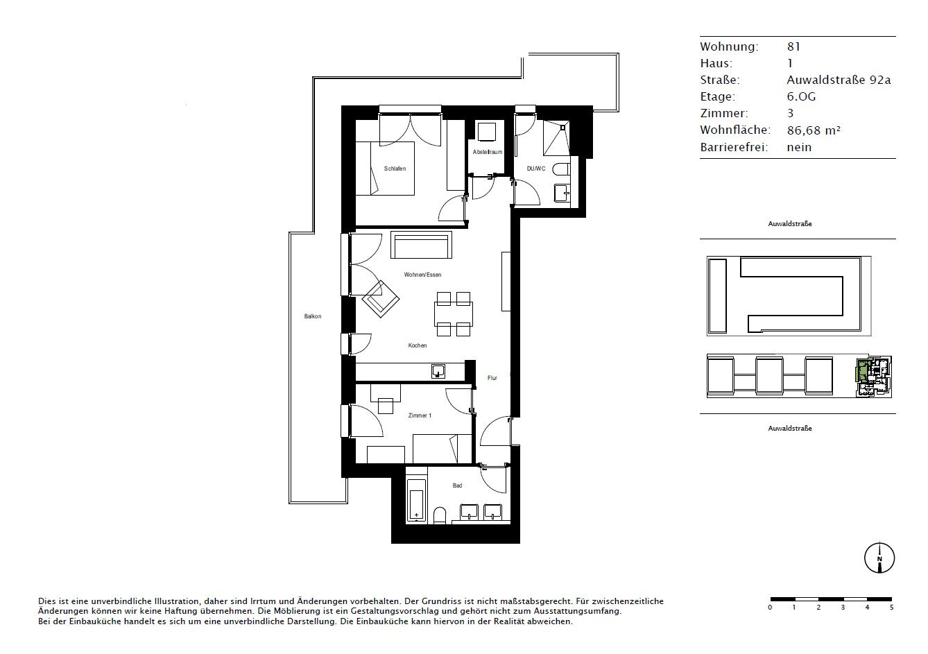 Wohnung zur Miete 1.470 € 3 Zimmer 86,7 m²<br/>Wohnfläche 6.<br/>Geschoss Auwaldstraße 92A Landwasser Freiburg im Breisgau 79110