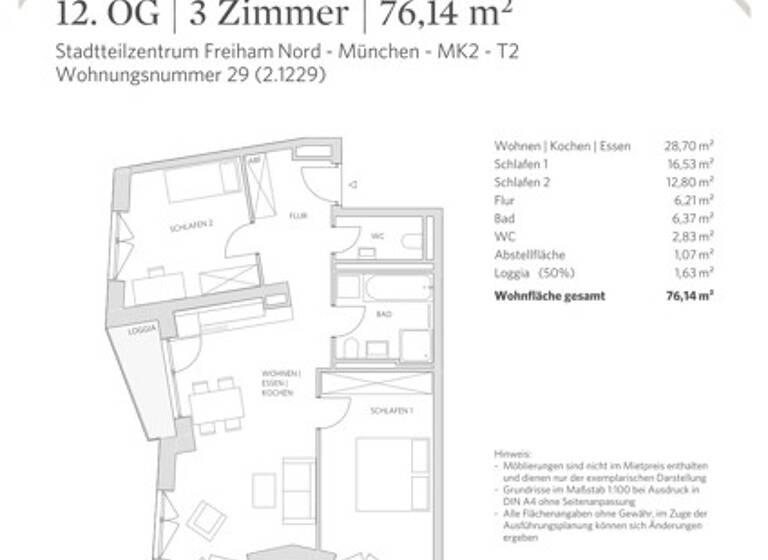 Wohnung zur Miete 1.914 € 3 Zimmer 76,1 m² 12. Geschoss Mahatma-Gandhi-Pl. 4 Aubing-Lochhausen-Langwied München 81248
