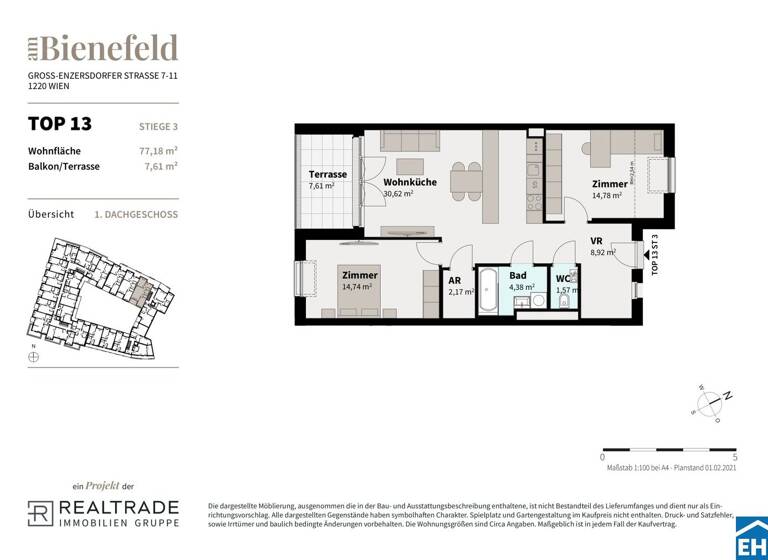 Wohnung zum Kauf - Erstbezug 414.700 € 3 Zimmer 77,2 m² 2. Geschoss Wimpffengasse Wien 1220