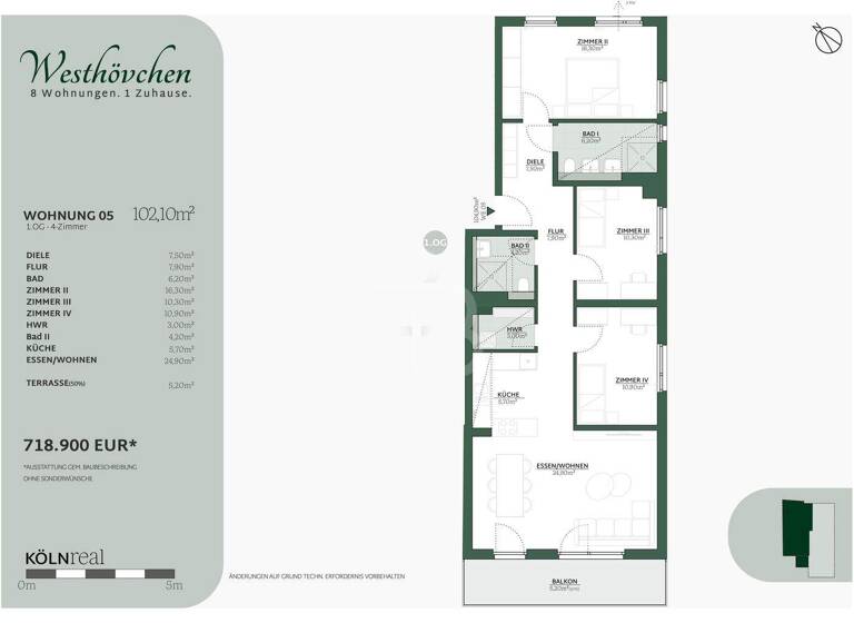 Wohnung zum Kauf - Erstbezug provisionsfrei 718.900 € 4 Zimmer 102,1 m² 1. Geschoss Oberstraße 55 Westhoven Köln 51149
