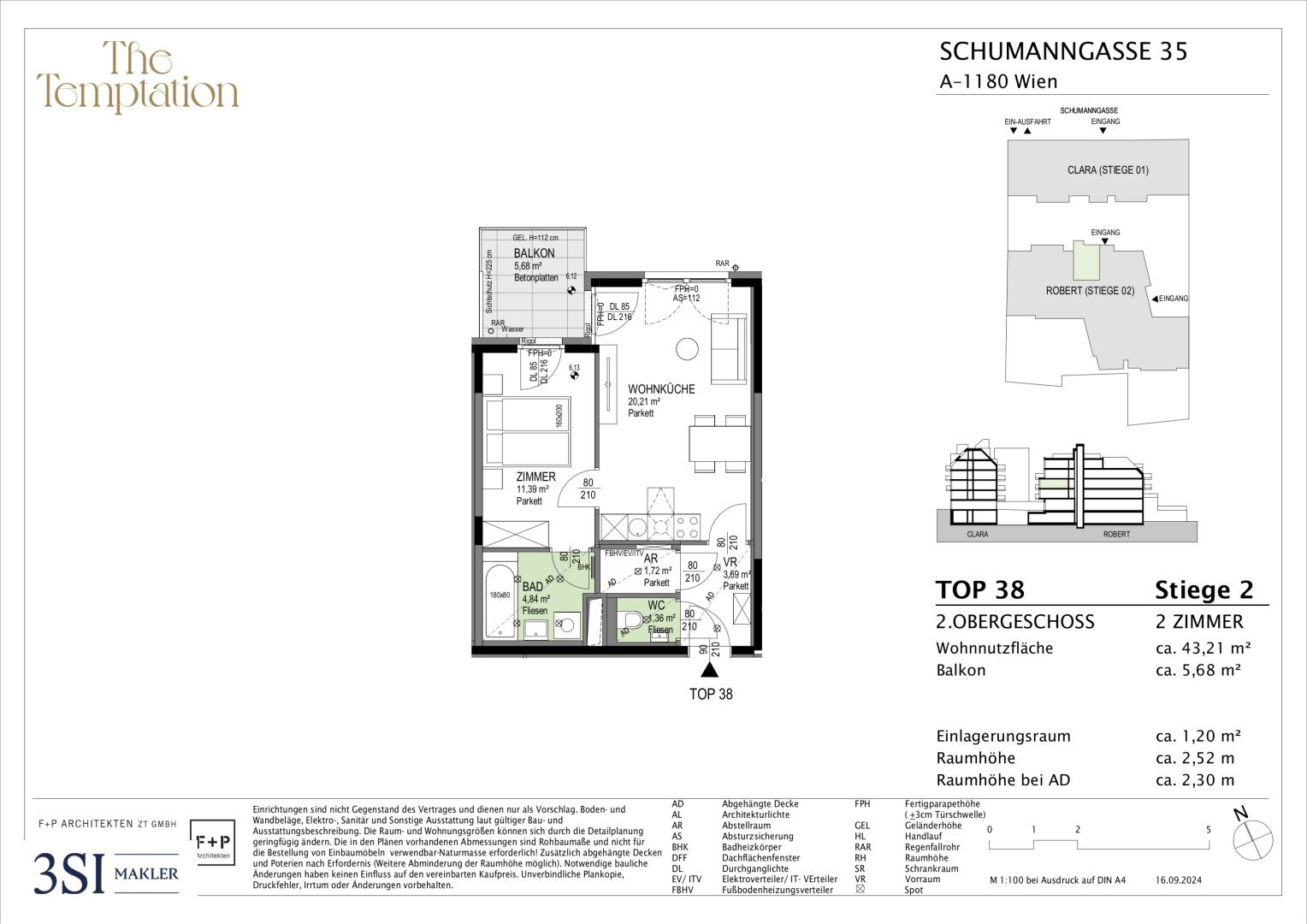 Wohnung zum Kauf 341.700 € 2 Zimmer 43,2 m²<br/>Wohnfläche 2.<br/>Geschoss Schumanngasse 35 Wien 1180