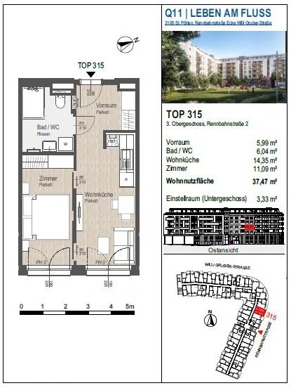 Wohnung zur Miete 525 € 2 Zimmer 37,5 m²<br/>Wohnfläche 3.<br/>Geschoss Rennbahnstraße 2 St. Pölten St. Pölten 3100