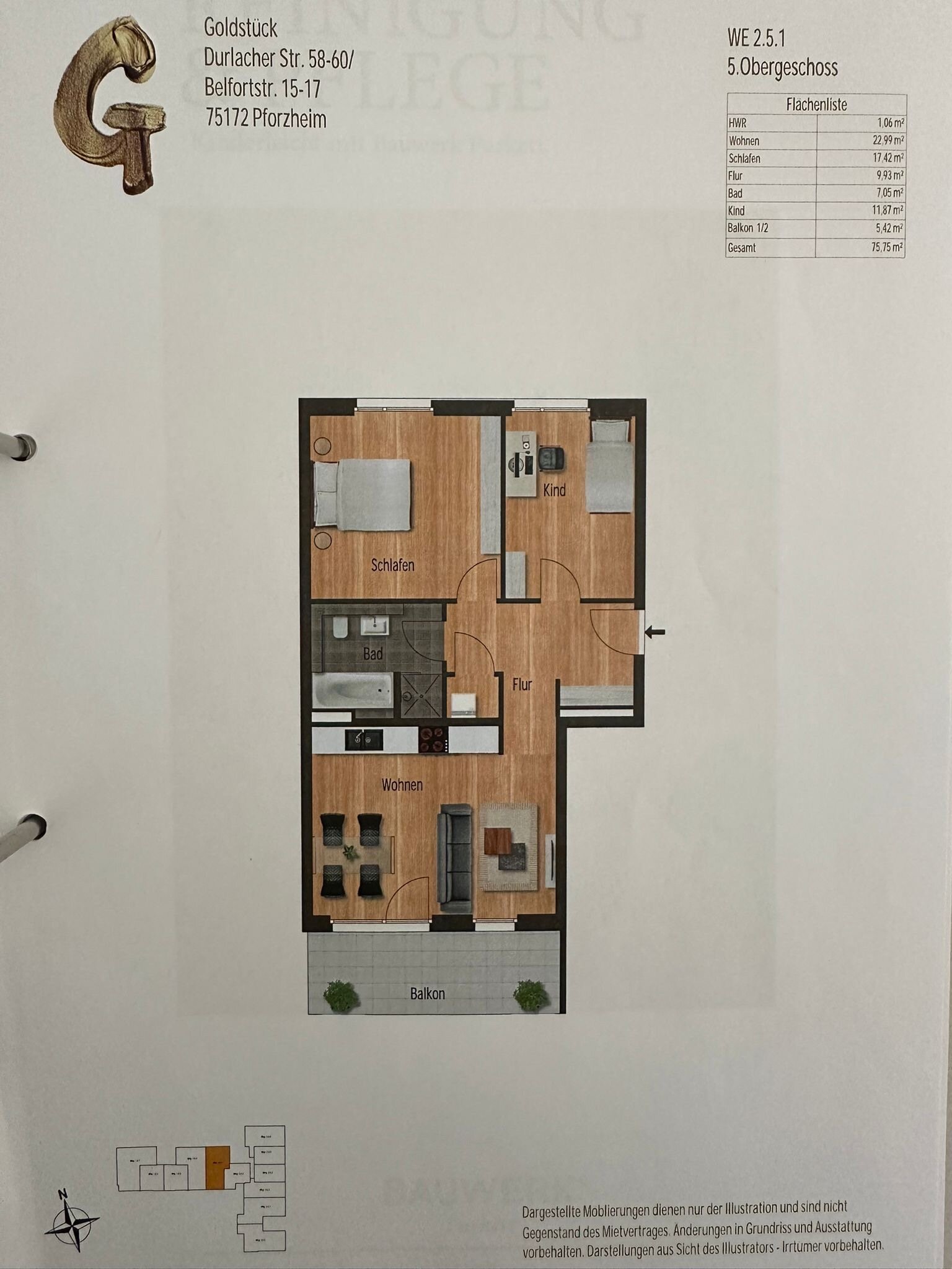 Wohnung zur Miete 1.100 € 3 Zimmer 75,8 m²<br/>Wohnfläche 5.<br/>Geschoss Belfortstraße 17a Weststadt - Stadtviertel 031 Pforzheim 75172