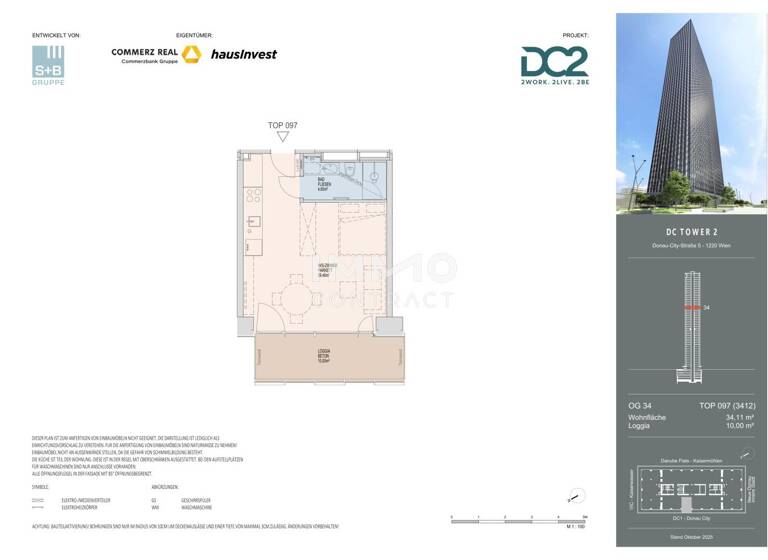 Studio zur Miete - Erstbezug 972 € 1 Zimmer 34,1 m² 34. Geschoss frei ab 01.11.2026 Wien 1220